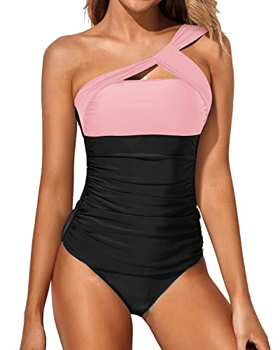 Emoswim - Women's Tummy Control Tankini Swimsuit One Shoulder Top & Shorts-Pink And Black