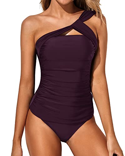 Emoswim - Backless & Strapless One Shoulder Tankini Swimsuit-Maroon