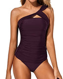 Emoswim - Backless & Strapless One Shoulder Tankini Swimsuit-Maroon