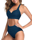 Emoswim - Two Piece Self-Tie Halter Neck Pleated Front Panel Push Up Bikini-Teal