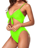 Emoswim - Spaghetti Strap Adjustable Tie Knot Front V Neck 1 Piece Swimsuits-Neon Green
