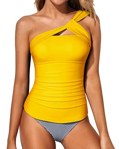 Emoswim - Women's 2 Piece One Shoulder Tankini Swimsuit Shorts-Yellow Stripe