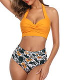 Emoswim - Stylish Highwaist Bikini Padded Push Up Bra Bathing Suit-Yellow Floral