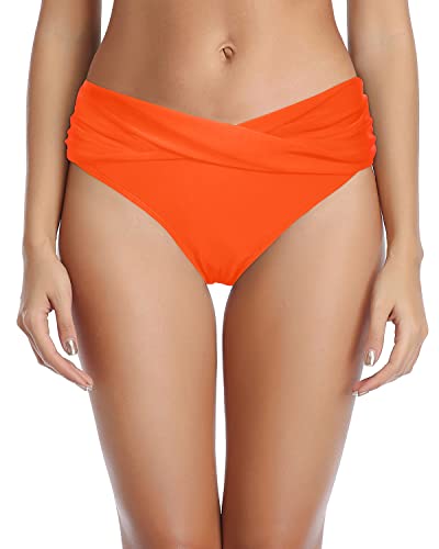 Emoswim - Twist Bikini Bottom Ruched Cheeky High Cut Bathing Suit Bottoms-Neon Orange