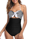 Emoswim - High Waisted Halter Retro High Waist Swimsuits-Black And White Stripe
