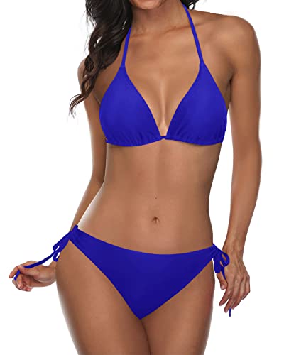 Emoswim - Sexy Triangle Bikini Set Halter Top And Tie Side Bottom 2 Piece Bikini Sets-Royal Blue