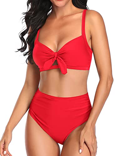 Emoswim - Cute Two Piece Bikini Set Tummy Control Ruched Bikini-Neon Red