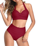 Emoswim - Two Piece Push Up Bra Adjustable Straps High Cut Bikini-Red