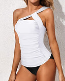 Emoswim - Women's Tankini One Shoulder Top & Slim Fit Shorts-White