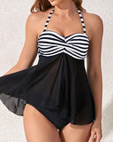 Emoswim - Women's Mid Rise Halter Bandeau Flyaway Tankini Swimsuit-Black And White Stripe