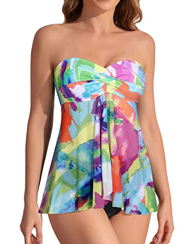 Emoswim - Two Piece Flyaway Strapless Bandeau Tankini Swimsuit For Women-Color Tie Dye