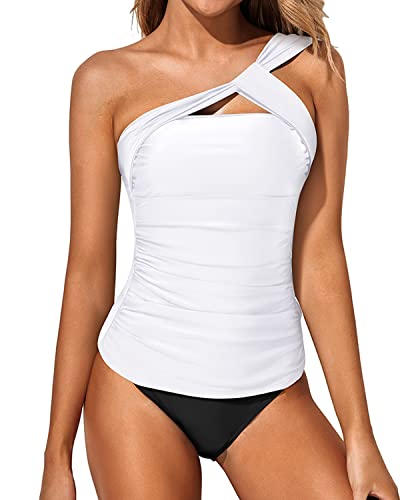 Emoswim - Women's Tankini One Shoulder Top & Slim Fit Shorts-White