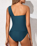 Emoswim - Elegant Two Piece One Shoulder Swim Top Shorts-Teal