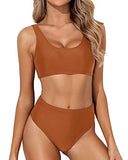 Emoswim - Removable Padded Swimsuit Two Piece Scoop Neck Bikini For Women-Brown
