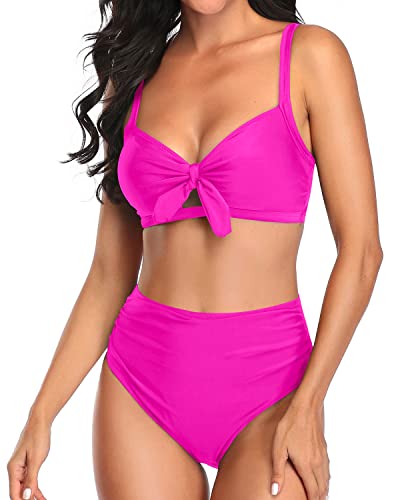 KaKaswim - Stylish High Waisted Two Piece Swimsuit Tummy Control Ruched Bikini-Neon Pink