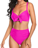 Emoswim - Stylish High Waisted Two Piece Swimsuit Tummy Control Ruched Bikini-Neon Pink