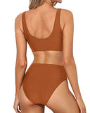 Emoswim - Removable Padded Swimsuit Two Piece Scoop Neck Bikini For Women-Brown