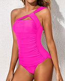 Emoswim - Elegant Shorts Swimsuit Ruched One Shoulder Tankini-Neon Pink