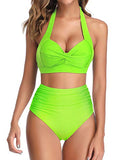 Emoswim - Two Piece Adjustable Self-Tie Halter Neck Women's Bikini Swimsuits-Neon Green