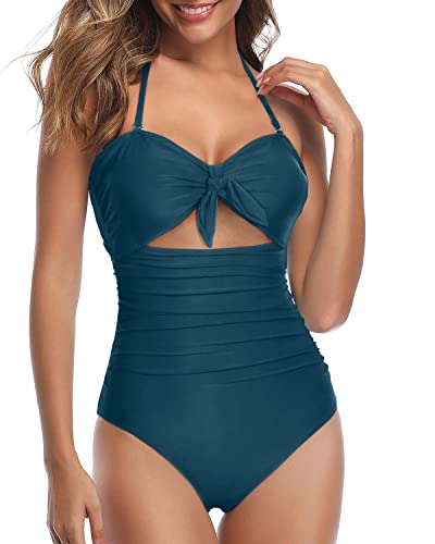 Emoswim - Removable & Adjustable Halter Sexy Cutout One Piece Swimsuits-Teal