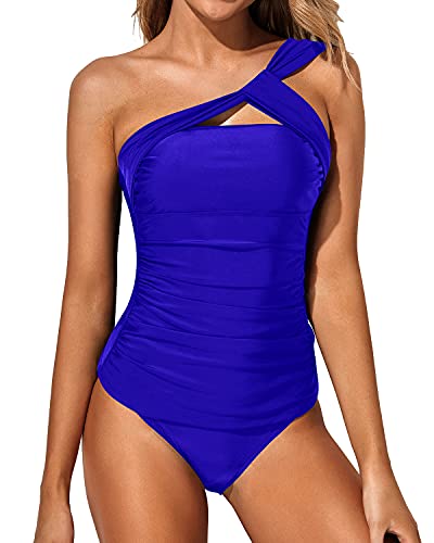 Emoswim - Removable Padded Bra Ruched One Shoulder Tankini Swimsuit-Royal Blue