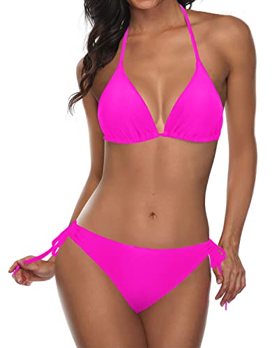 Emoswim - Adjustable Neck And Back Ties Halter Padded Top 2 Piece Bikini Sets-Neon Pink