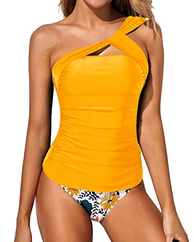 Emoswim - Women's 2 Piece Tankini One Shoulder Top & Tummy Control Shorts-Yellow Floral