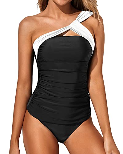Emoswim - Women's Tankini Asymmetrical Top & Control Fit Shorts-Black