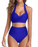 Emoswim - Retro Halter Ruched High Waist Bikini High Cut-Royal Blue