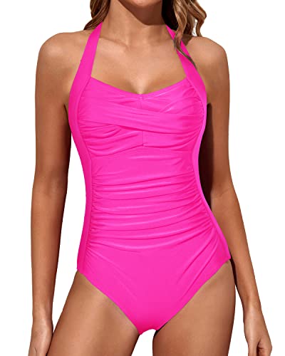 Emoswim - Slimming Bathing Suits Halter Vintage Swimwear-Neon Pink