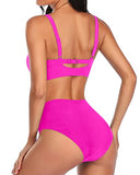 Emoswim - Stylish High Waisted Two Piece Swimsuit Tummy Control Ruched Bikini-Neon Pink