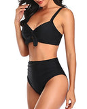 Emoswim - Sexy Tummy Control Ruched Tie Knot Bathing Suits For Women High Waisted Bikini Set-Black