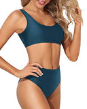 Emoswim - Tummy-Hiding High Waisted Swimsuit Sports Two Piece Bikini For Women-Teal