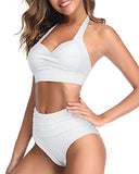 Emoswim - Two Piece Halter Ruched Highwaist Bikini Adjustable Straps Bathing Suit-White