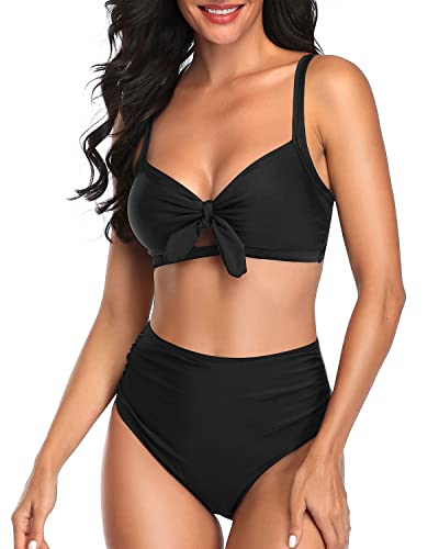 KaKaswim - Sexy Tummy Control Ruched Tie Knot Bathing Suits For Women High Waisted Bikini Set-Black