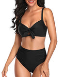 Emoswim - Sexy Tummy Control Ruched Tie Knot Bathing Suits For Women High Waisted Bikini Set-Black