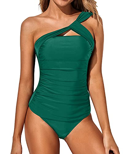 Emoswim - Women's Sexy Ruched One Shoulder Tankini Swimsuit-Emerald Green