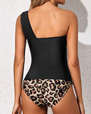 Emoswim - Stylish Two Piece Tankini Bathing Suits One Shoulder Swim Top Shorts Swimsuits-Black And Leopard