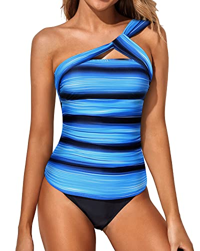 Emoswim - Backless Two Piece Tankini Bathing Suits For Women-Blue And Black Stripe