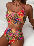 Emoswim - Damen High Waist Bikini-Sets One-Shoulder Floral Print Badeanzüge 2-teilig Bauchweg Bademode