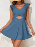 Emoswim - Women's One Piece Swimsuit Ruffle Cutout Swimdress Tummy Control V Neck Wrap Swimwear-Blue