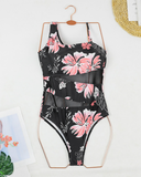 Emoswim - Sexy Cutout Mesh Inserts One Piece Swimsuit For Curvy Women-Red Leaf