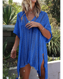 Emoswim - See-Through Crochet Hollow Irregular Cover Up-Royal Blue