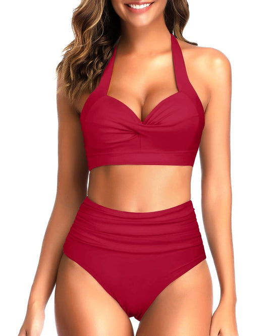 Emoswim - Two Piece Push Up Bra Adjustable Straps High Cut Bikini-Red