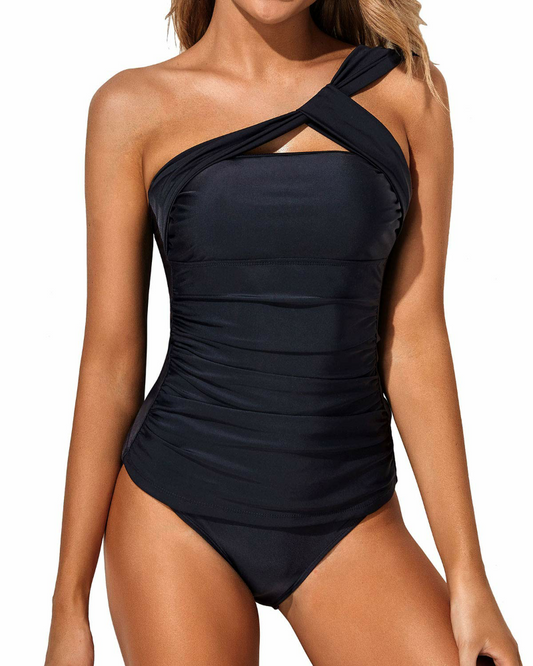 Emoswim - Asymmetrical Cut & Tummy Control Two Piece Tankini Bathing Suits For Women-Black
