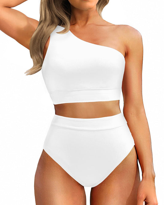 Emoswim - One Shoulder High Waisted Bikini Sets Two Piece Swimsuit Tummy Control-White