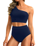 Emoswim - One Shoulder High Waisted Bikini Sets Two Piece Swimsuit Tummy Control-Navy Blue