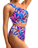 Emoswim - One-Shoulder High Waist Bikini-Sets Zweiteiliger Badeanzug Bauchweg - Bunte Blätter