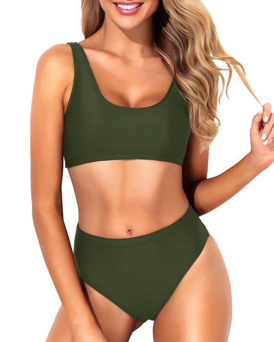 Emoswim - Push-Up Bra Support Bikini Set Two Piece Scoop Neck Bikini For Women-Army Green