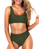 Emoswim - Push-Up Bra Support Bikini Set Two Piece Scoop Neck Bikini For Women-Army Green